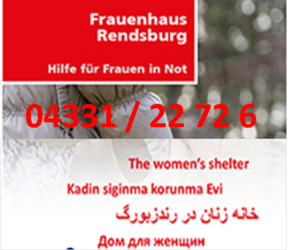 Vorderseite des Flyers des Frauenhauses Rendsburg mit der Telefonnummer der Einrichtung