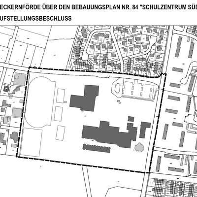 Kartenausschnitt auf dem der Geltungsbereich des Bebauungsplanes Nr. 84 eingezeichnet ist.