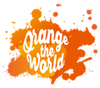 Oranger Farbklecks mit dem weißen Schriftzug Orange the World